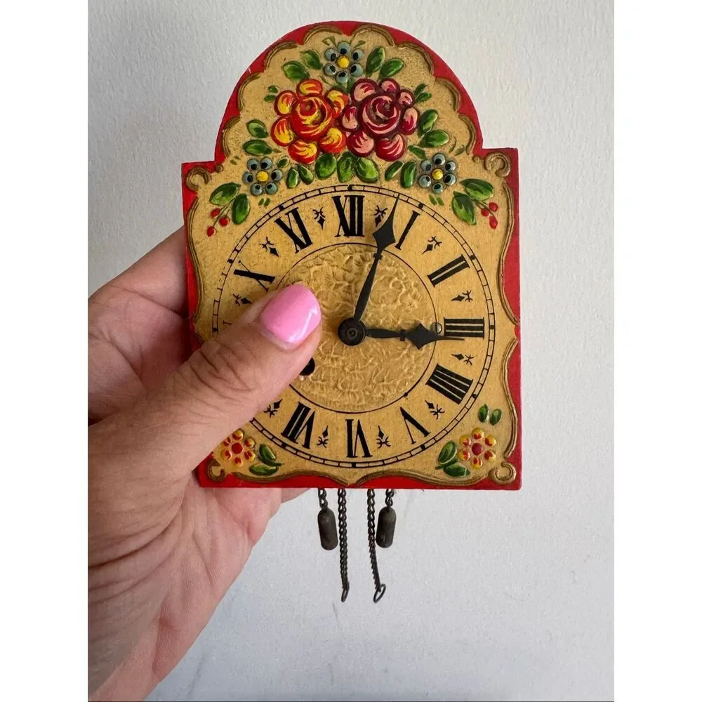Vintage German Black Forest Wall Clock Hand Painted Floral Folk Art Wood Germany